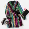 Multicolor Party Highstreet Color Block Sequin Wrap Natural Waist Long Sleeve Dress - Image 6