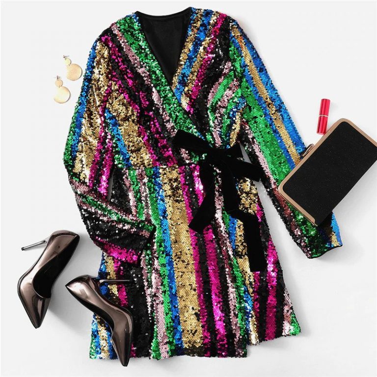 Multicolor Party Highstreet Color Block Sequin Wrap Natural Waist Long Sleeve Dress - Image 6