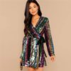 Multicolor Party Highstreet Color Block Sequin Wrap Natural Waist Long Sleeve Dress