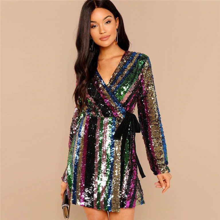 Multicolor Party Highstreet Color Block Sequin Wrap Natural Waist Long Sleeve Dress