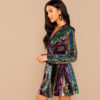Multicolor Party Highstreet Color Block Sequin Wrap Natural Waist Long Sleeve Dress - Image 2