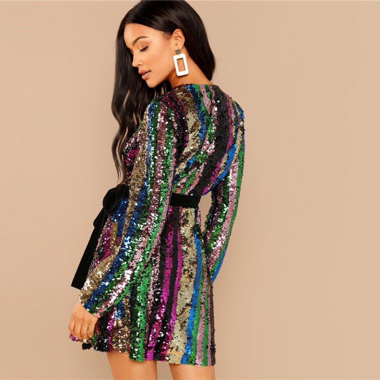 Multicolor Party Highstreet Color Block Sequin Wrap Natural Waist Long Sleeve Dress - Image 3