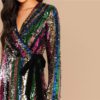 Multicolor Party Highstreet Color Block Sequin Wrap Natural Waist Long Sleeve Dress - Image 5