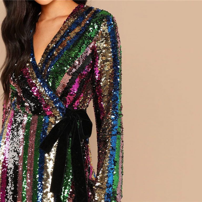 Multicolor Party Highstreet Color Block Sequin Wrap Natural Waist Long Sleeve Dress - Image 5