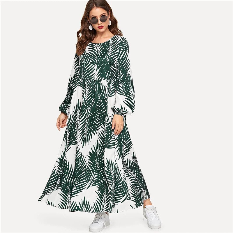 Multicolor Tropical Print Bishop Sleeve Smock Dress