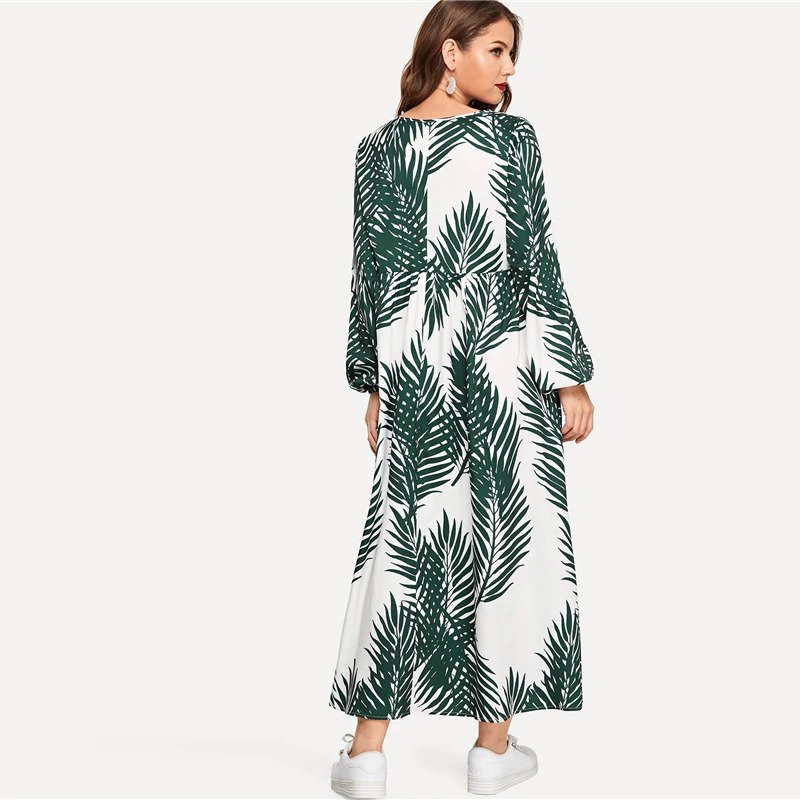 Multicolor Tropical Print Bishop Sleeve Smock Dress - Image 2