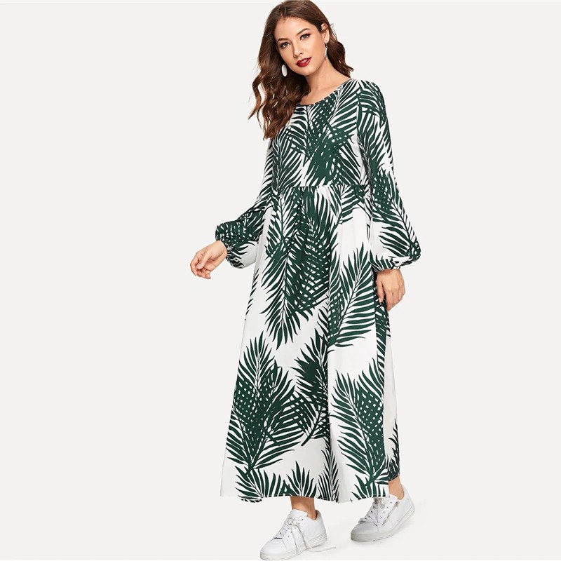 Multicolor Tropical Print Bishop Sleeve Smock Dress - Image 3