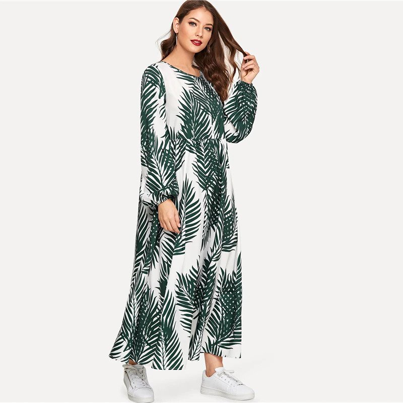 Multicolor Tropical Print Bishop Sleeve Smock Dress - Image 4