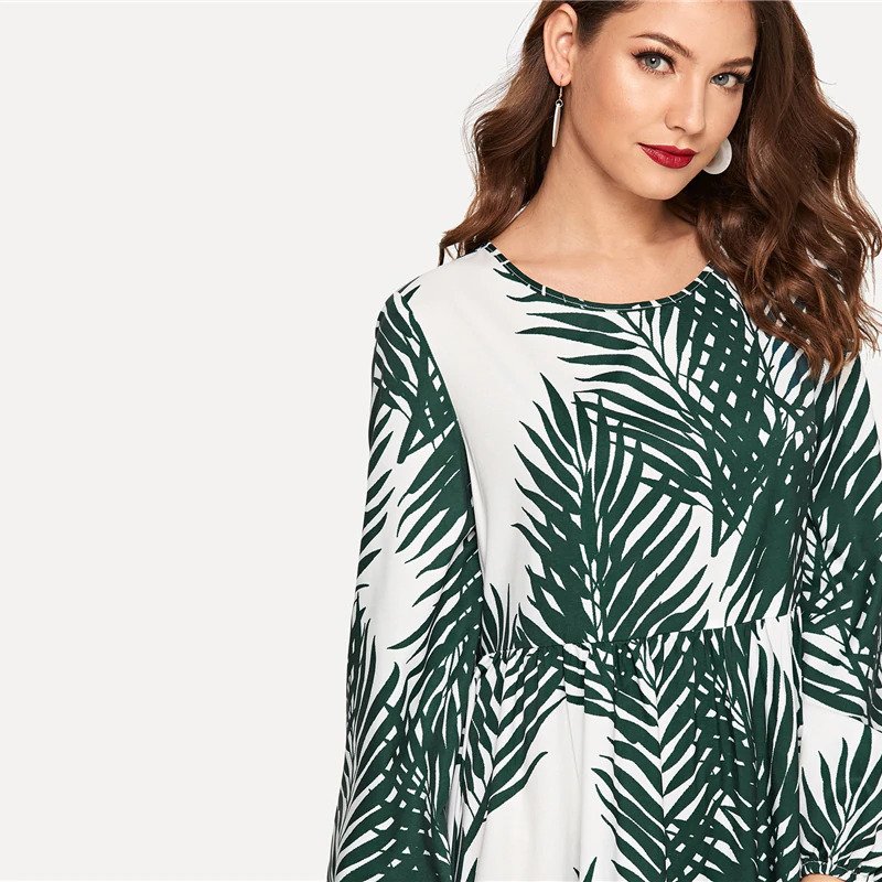 Multicolor Tropical Print Bishop Sleeve Smock Dress - Image 5