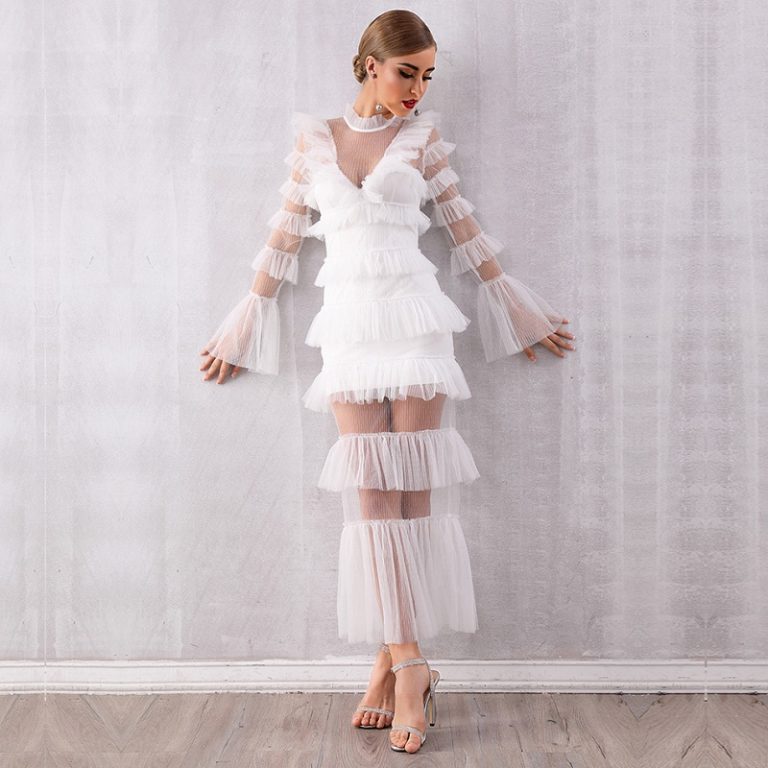 New Fashion Lace Ruffle Long Sleeve Evening Party Maxi Dress