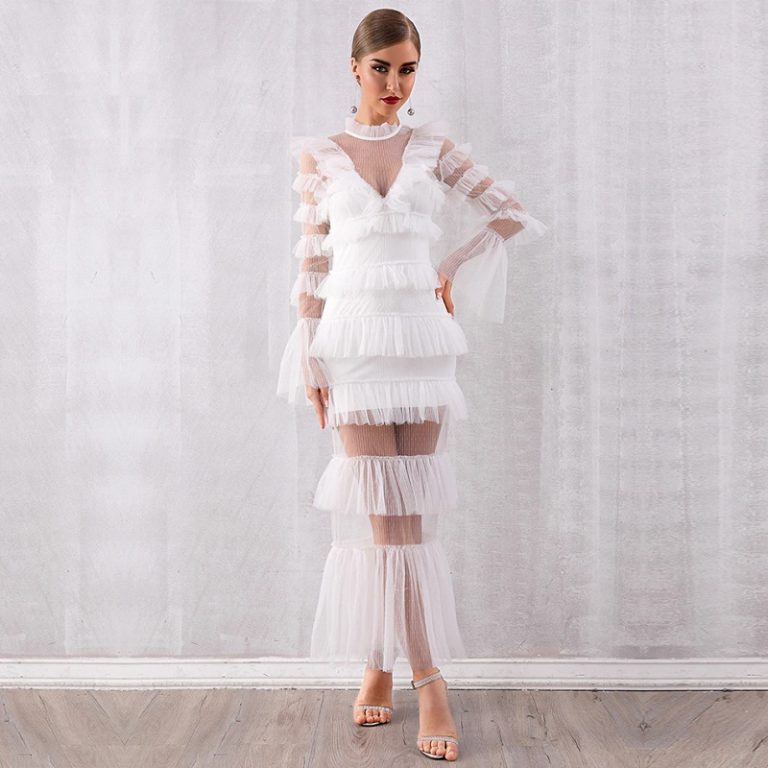 New Fashion Lace Ruffle Long Sleeve Evening Party Maxi Dress - Image 3