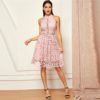 Pink Party Halter Neck Lace Skater Sleeveless Short Dress - Image 3