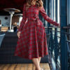 Plaid Vintage Round Neck Bows Swing Midi Dress