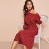 Polka Dot Print Ruffle Trim Cut Out Neck Sexy Dress