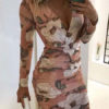 Printed V Neck Long Sleeves Mini Dress