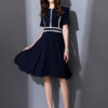 Round Neck Short Sleeve Striped Pleated Flare Dress