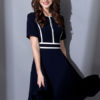 Round Neck Short Sleeve Striped Pleated Flare Dress - Image 2