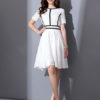 Round Neck Short Sleeve Striped Pleated Flare Dress - Image 5