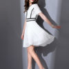 Round Neck Short Sleeve Striped Pleated Flare Dress - Image 6
