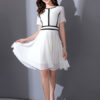 Round Neck Short Sleeve Striped Pleated Flare Dress - Image 7