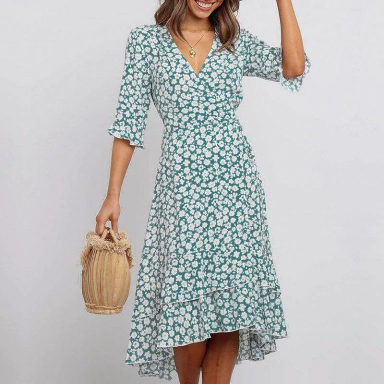 Ruffle Bow Deep V Wrap Plus Size French Floral Dress