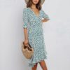 Ruffle Bow Deep V Wrap Plus Size French Floral Dress - Image 2