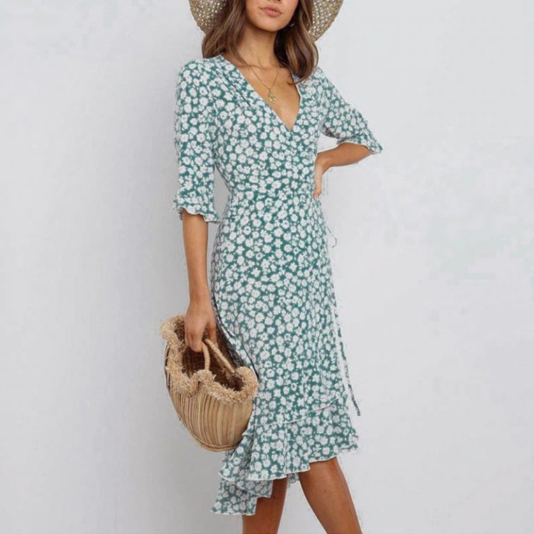 Ruffle Bow Deep V Wrap Plus Size French Floral Dress - Image 2