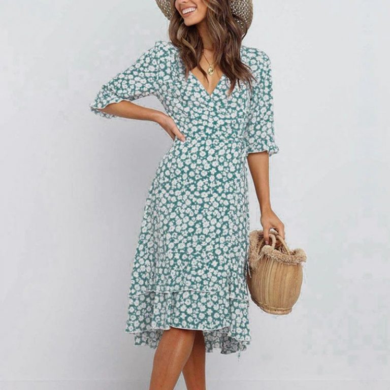 Ruffle Bow Deep V Wrap Plus Size French Floral Dress - Image 3