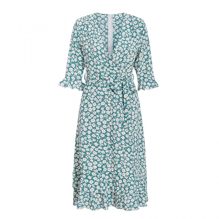 Ruffle Bow Deep V Wrap Plus Size French Floral Dress - Image 4
