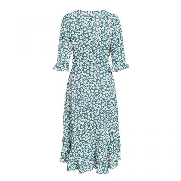 Ruffle Bow Deep V Wrap Plus Size French Floral Dress - Image 5