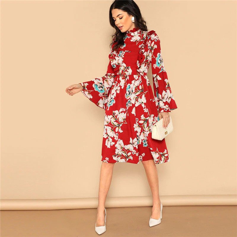 Ruffle Detail Bell Sleeve Red Dress Flower Print