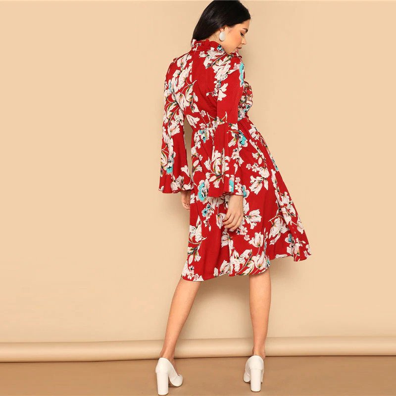 Ruffle Detail Bell Sleeve Red Dress Flower Print - Image 2
