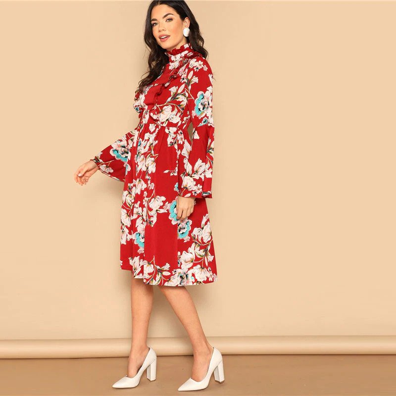 Ruffle Detail Bell Sleeve Red Dress Flower Print - Image 3