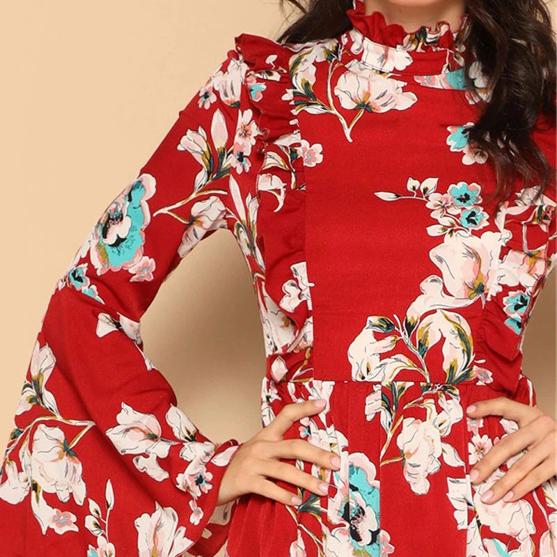 Ruffle Detail Bell Sleeve Red Dress Flower Print - Image 4