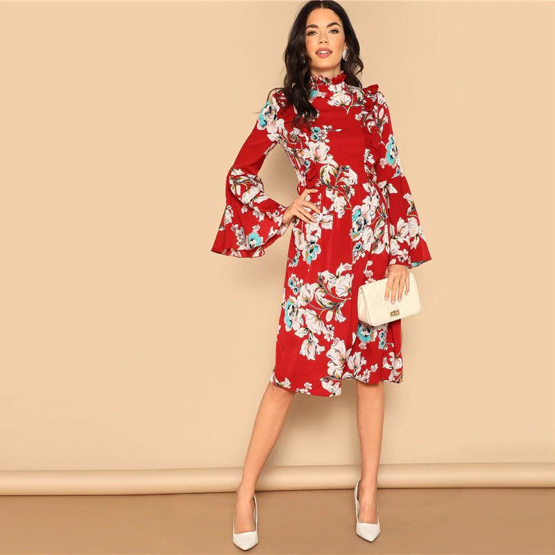 Ruffle Detail Bell Sleeve Red Dress Flower Print - Image 5
