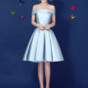 Satin Off The Shoulder Prom Dress Lace Up Pleated Knee Length Dress - Image 2