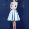 Satin Off The Shoulder Prom Dress Lace Up Pleated Knee Length Dress - Image 3