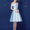 Satin Off The Shoulder Prom Dress Lace Up Pleated Knee Length Dress - Image 5
