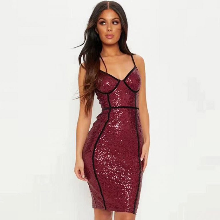 Sequin Sleeveless Deep V Neck Spaghetti Strap Club Dress