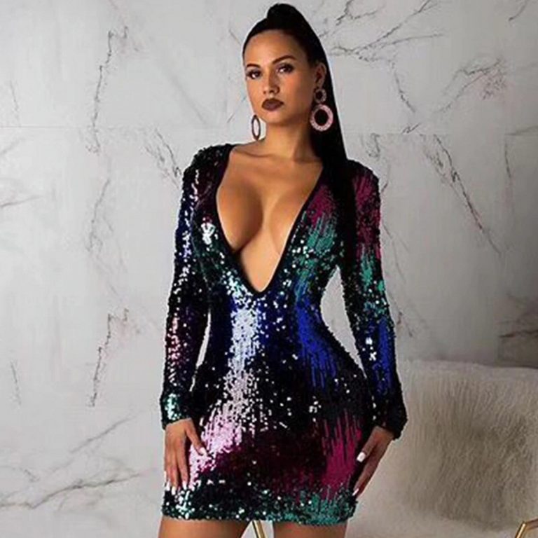 Sexy Long Sleeve Sequin Deep V Mini Club Dress