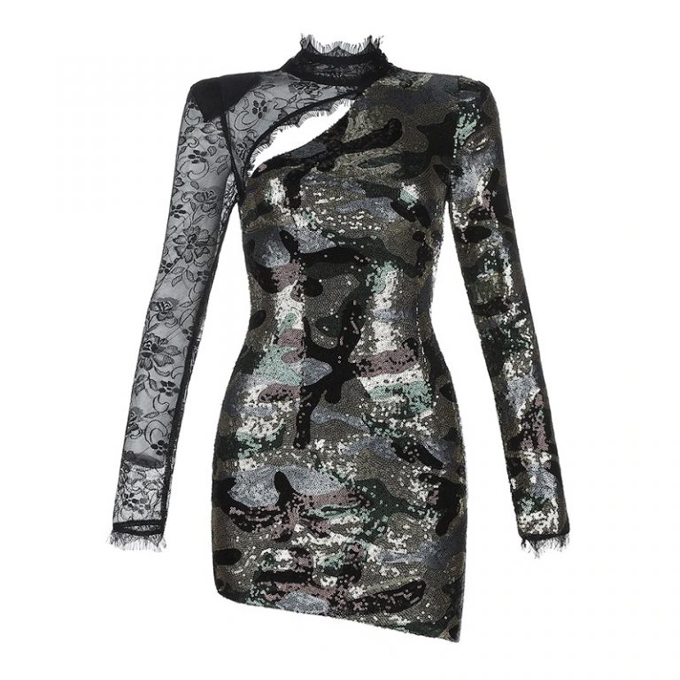 Sexy Long Sleeve Sequin Lace Hollow Out Mini Club Dress - Image 4