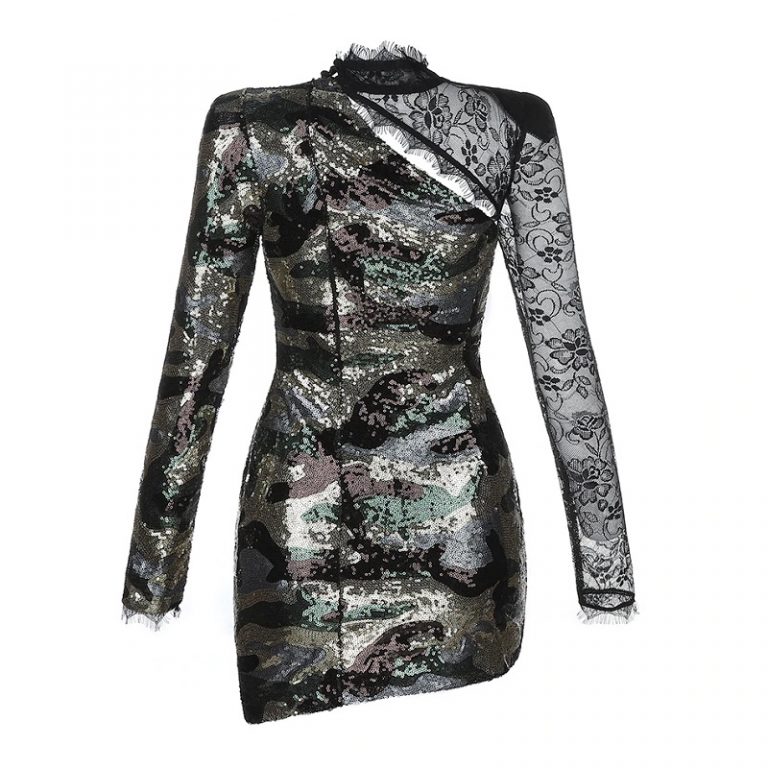 Sexy Long Sleeve Sequin Lace Hollow Out Mini Club Dress - Image 5