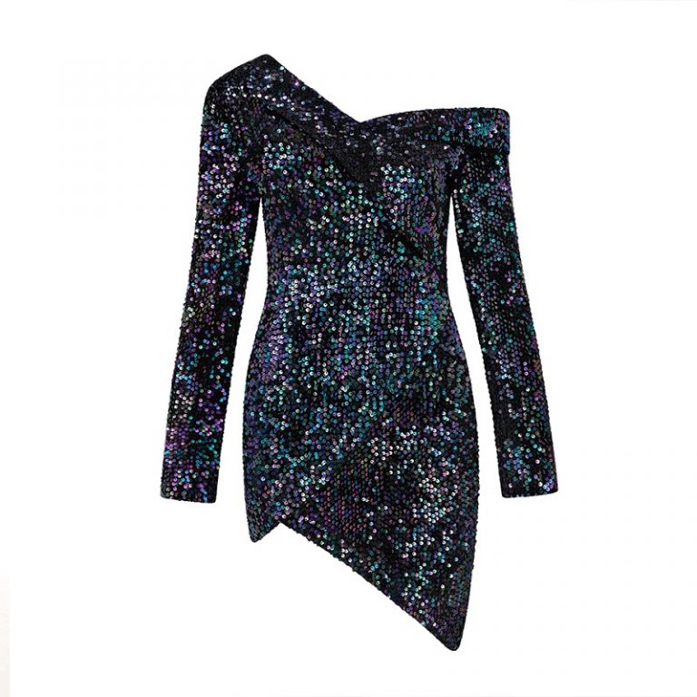 Sexy One Shoulder Long Sleeve Mini Bodycon Club Dress - Image 2