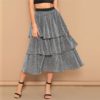 Silver Tiered Layer Ruffle Glitter Mid Waist Skirt