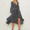 Striped Skater V Neck Knotted Puff Sleeve Dress