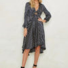 Striped Skater V Neck Knotted Puff Sleeve Dress - Image 2