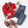 Tie Neck Flower Print Stand Collar Long Sleeve Blouse - Image 5