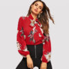 Tie Neck Flower Print Stand Collar Long Sleeve Blouse