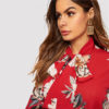 Tie Neck Flower Print Stand Collar Long Sleeve Blouse - Image 2