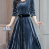 V Neck Lace Buttons Long Party Dress - Image 6